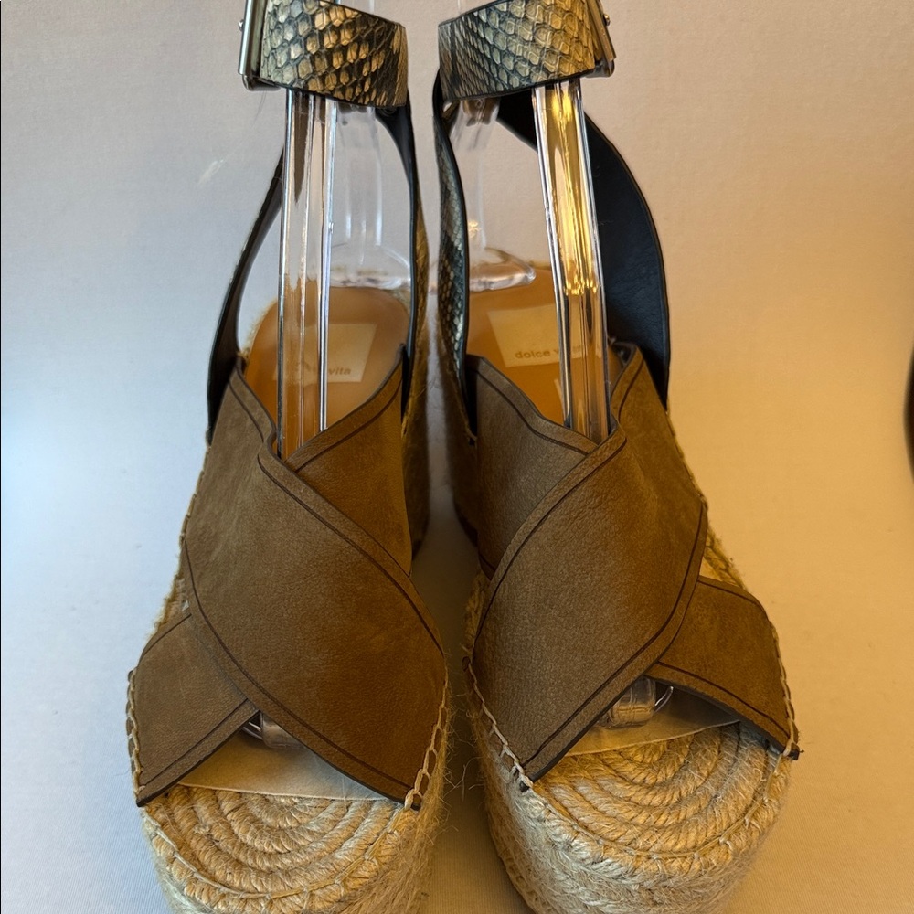 Dolce Vita Tan and Black Espadrille Wedges